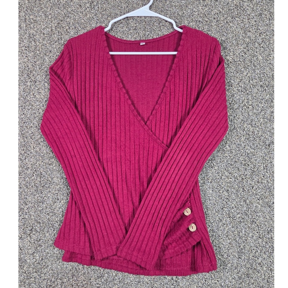 Unbranded Wrap V-Neck Top Womens Large Pink Ribbed Long Sleeve Button Detail